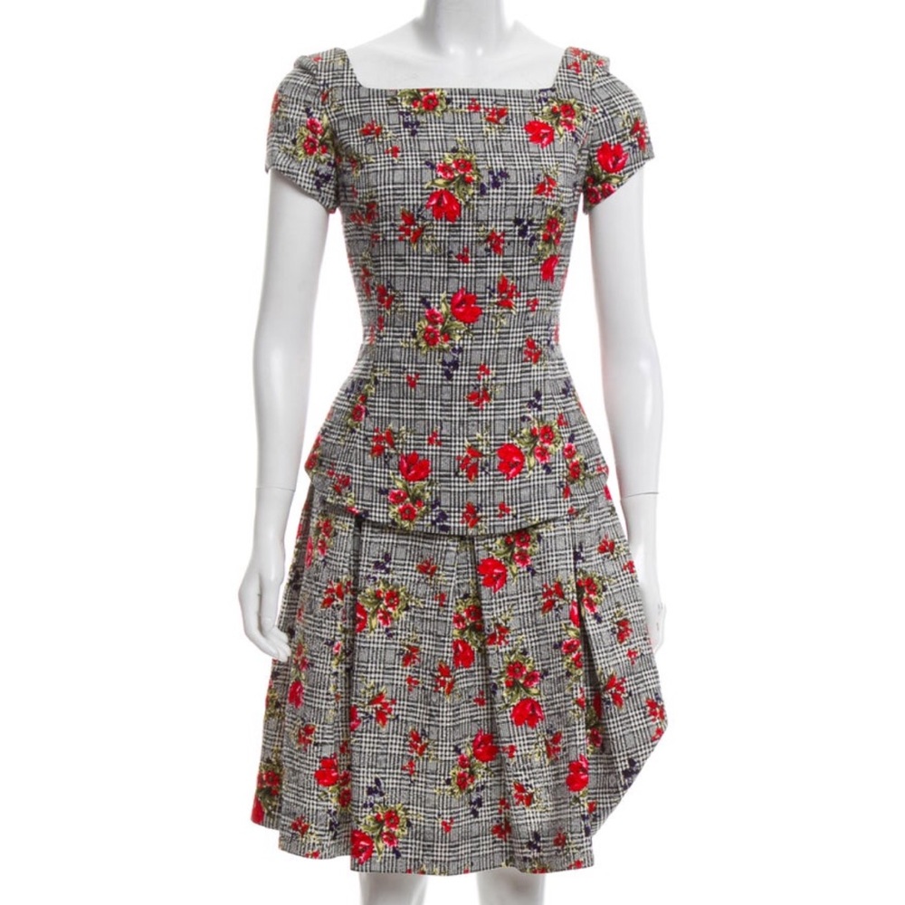 Oscar de la Renta Houndstooth and Floral Dress